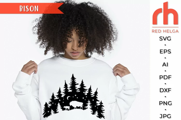Forest Bison SVG, Outdoor Scene Cut File, Buffalo Family DXF