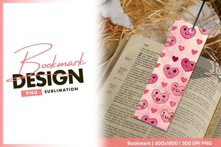 Pink hearts with faces and small hearts bookmark png design