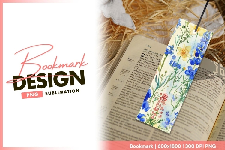 Watercolor floral pattern with blue and bookmark png