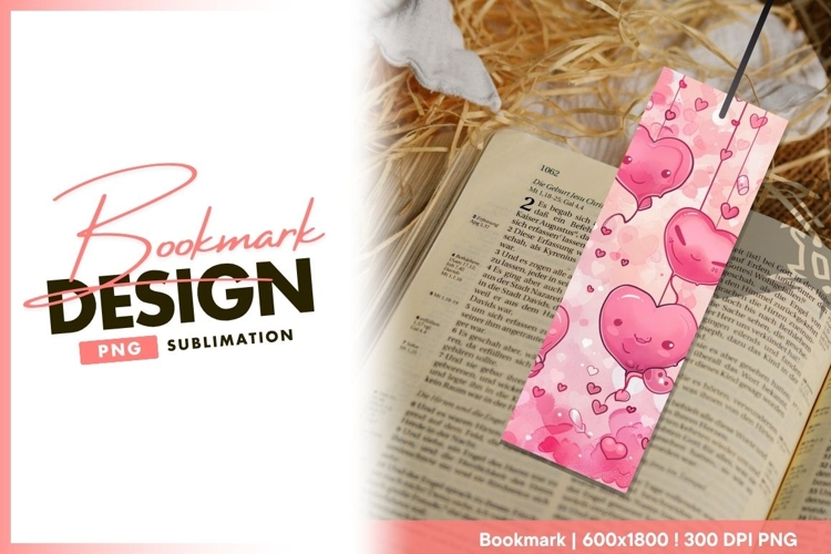 Pink heart balloons with faces hanging bookmark png design