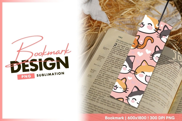 Cute Cat Faces with Hearts on Pink Background Bookmark Png