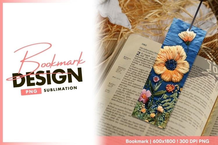 Embroidered Floral Design with Orange bookmark png design