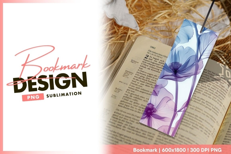 Translucent blue and purple flowers with bookmark png