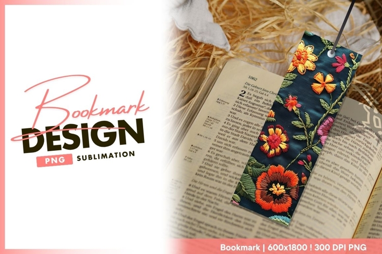 Embroidered Floral Pattern on Dark Blue bookmark png design