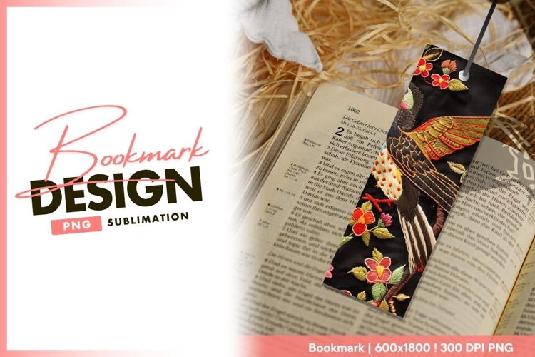 Embroidered Bird and Flowers on Black bookmark png design