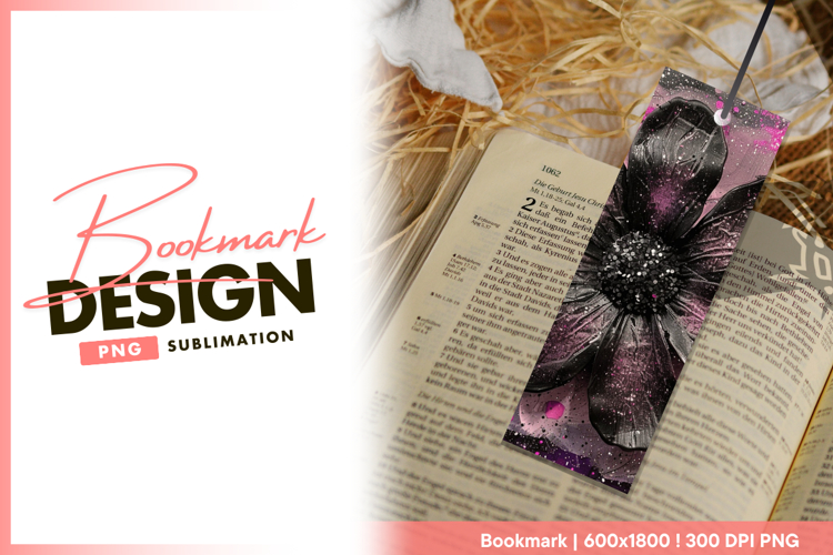 Black flower pink splatter modern art bookmark png