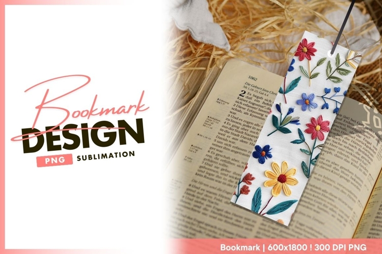 Colorful floral embroidery on white linen fabric bookmark