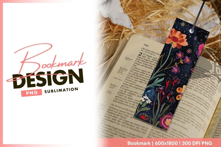 Embroidered floral pattern on dark blue bookmark png