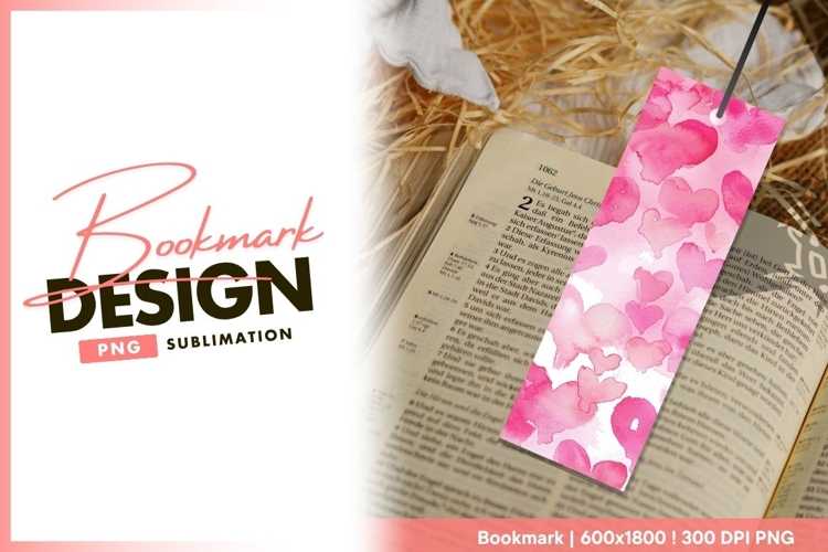 Watercolor pink hearts decorative bookmark png