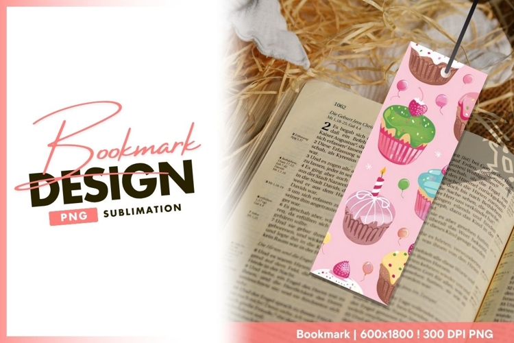 Cupcake bookmark design on open book bookmark design
