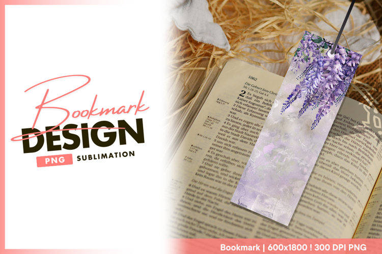 Watercolor wisteria flowers on distressed texture bookmark