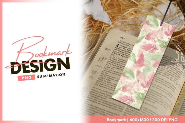 Pink and Green Feather Pattern on Cream bookmark png design