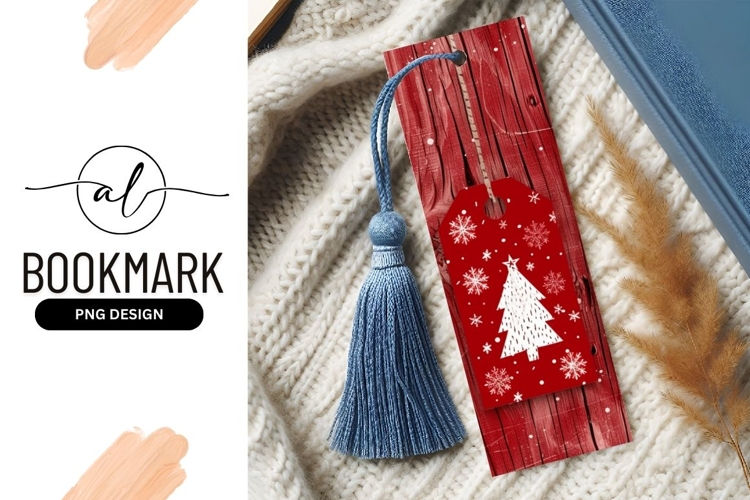 Red Christmas Bookmark P N G with Tree and Snowflakes