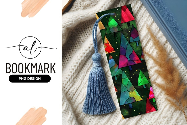 Colorful Stained Glass Christmas Trees on Dark Green