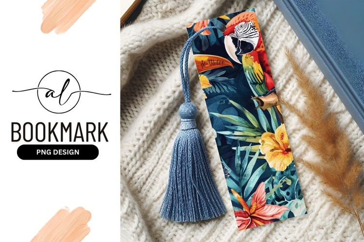 Watercolor Parrot and Tropical Flowers on Dark Blue