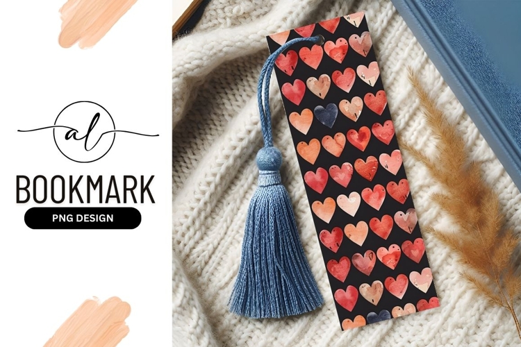 Watercolor Heart Pattern on Black Background Bookmark
