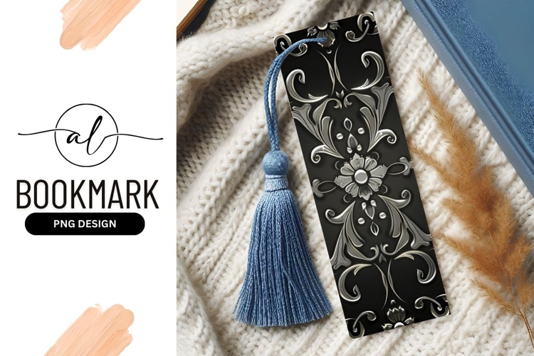 Silver floral pattern on black background Bookmark PNG