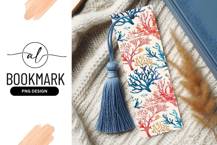 Watercolor coral reef pattern in blue red and gold on cream