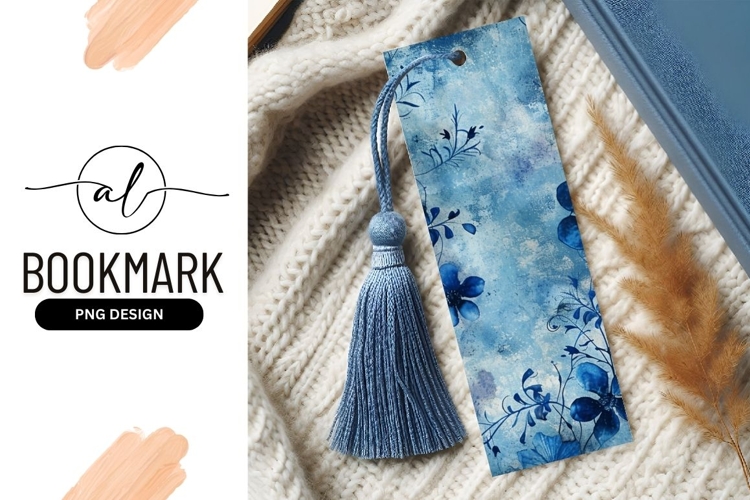 Blue floral bookmark design with watercolor texture