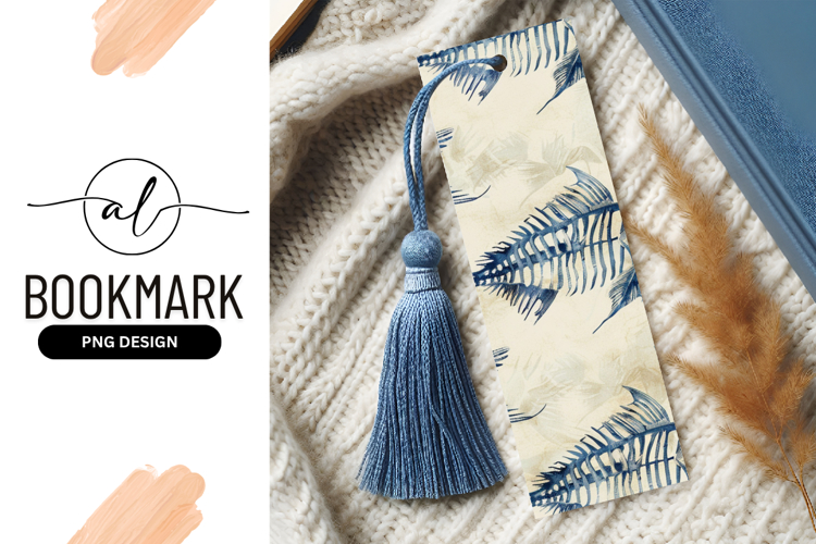 Blue Fish Skeleton and Palm Leaf Pattern on Cream Textured