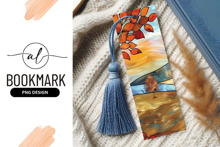 Autumnal Abstract Bookmark Illustration with Leaves and Tree