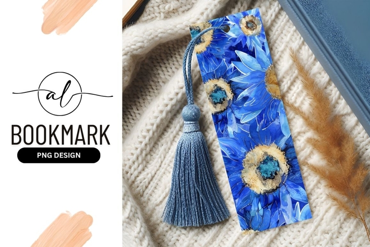 Watercolor Blue Sunflower Illustration with Gold and Teal