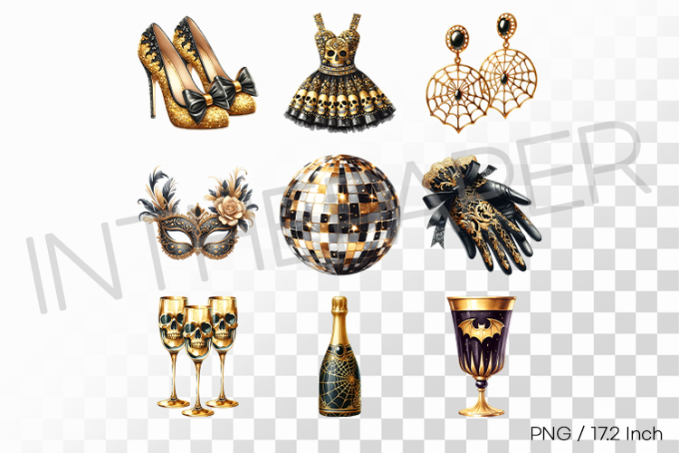 Black and Gold Luxury Halloween | Watercolor PNG Dress Party