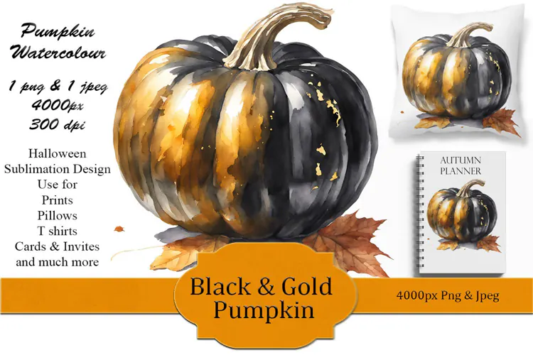 Black & Gold Pumpkin Watercolour
