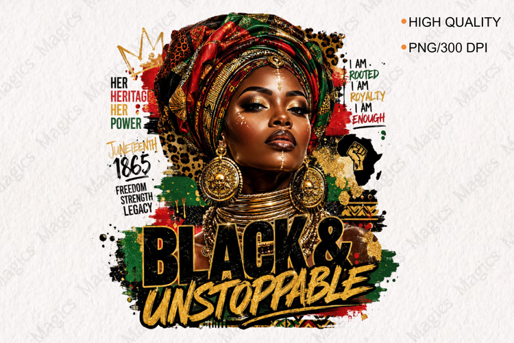 Black and Unstoppable Afro Queen PNG for Juneteenth