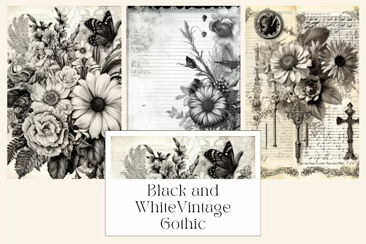 Black and White Flowers Vintage Gothic Junk Journal Page