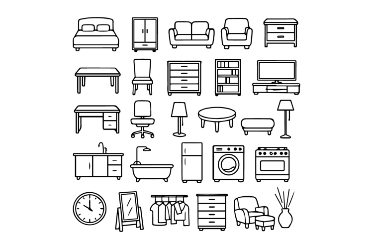 Black and White Furniture Outline Icon Set Design