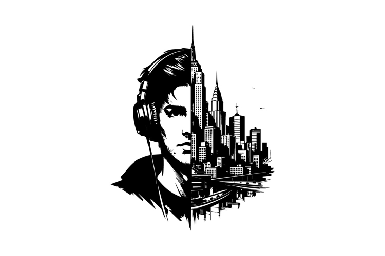Black and White Half Man Half City Illustration Design