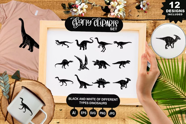 Black And White of Different Types Dinosaurs Clipart Set