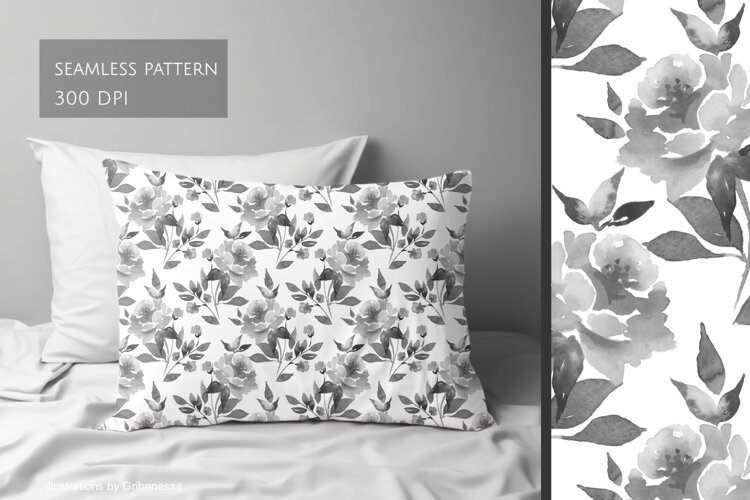 Black and White Watercolor Floral Pattern example image 1
