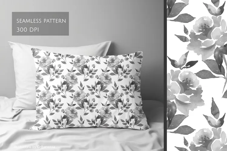Black and White Watercolor Floral Pattern