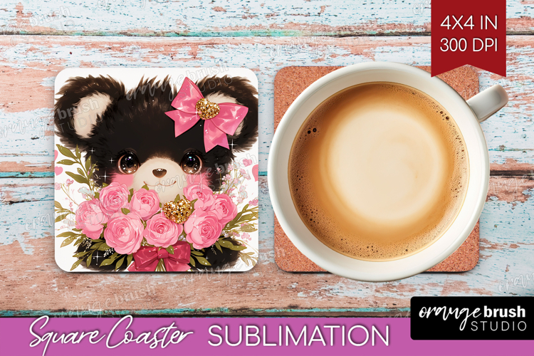 Black Bear Valentine Square Coaster Cute Valentines Day PNG