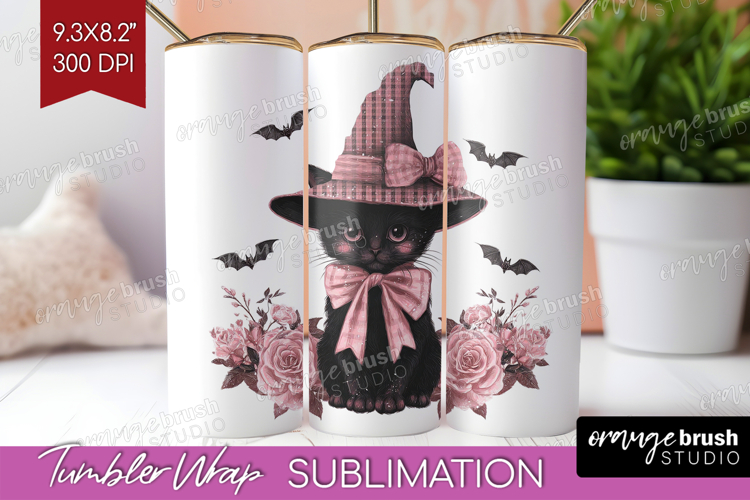 Black Cat Cute Tumbler Wrap Pink Halloween Tumbler PNG