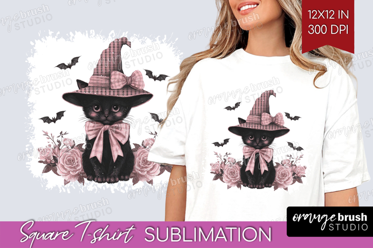Black Cat Cute Square Tshirt Background Pink Halloween PNG