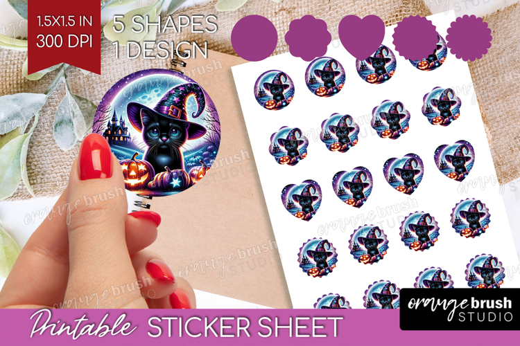 Black Cat Halloween Round Sticker Cute Animal Printable