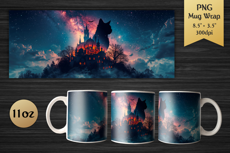 Black Cat 11oz Mug Wrap | Halloween Castle Sublimation PNG