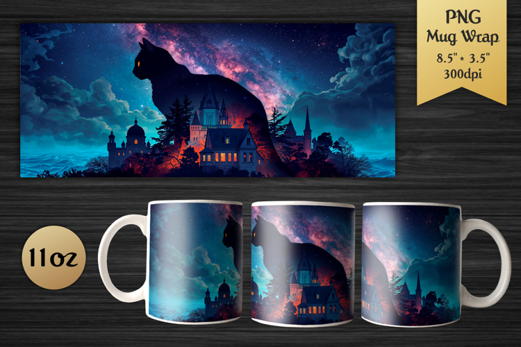 Black Cat 11oz Mug Wrap | Halloween Castle Sublimation PNG