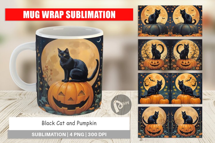 Mug Wrap Design Black Cat and Pumpkin