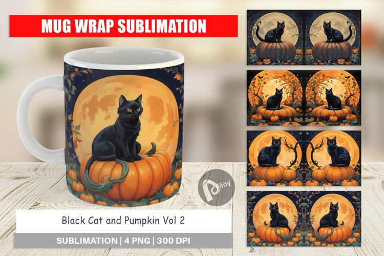 Mug Wrap Design Black Cat and Pumpkin
