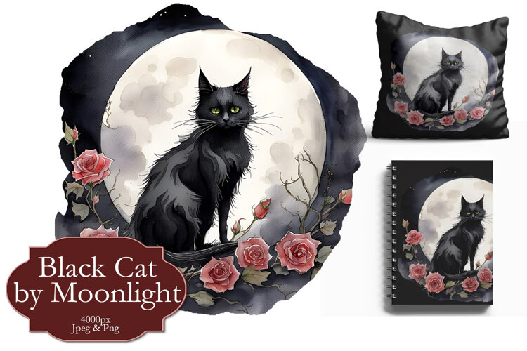 Black Cat & Roses by Moonlight Illustration example image 1