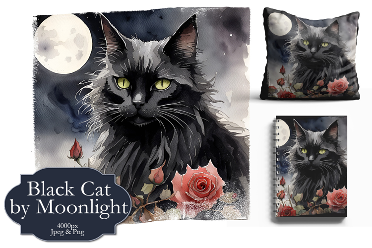 Black Cat & Roses Watercolour Illustration
