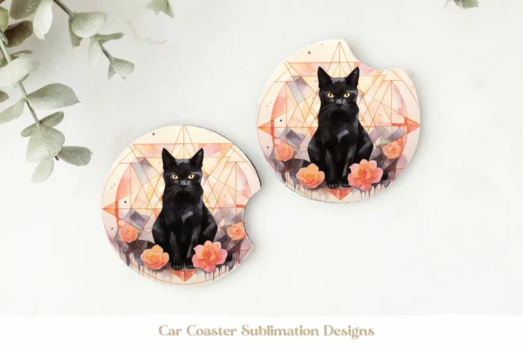 Black Cat Car Coaster Png | Watercolor Cat Coaster Design