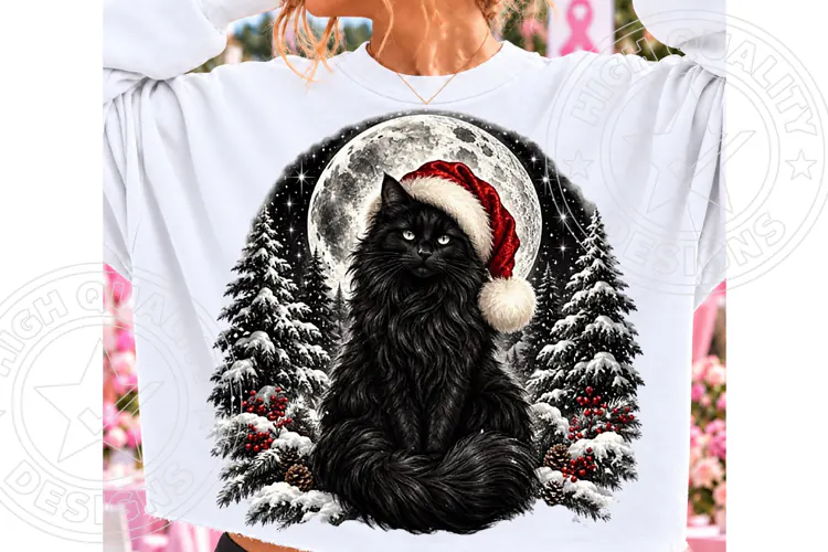 Black Cat Christmas PNG | Santa Hat Moonlit Winter Wonderlan