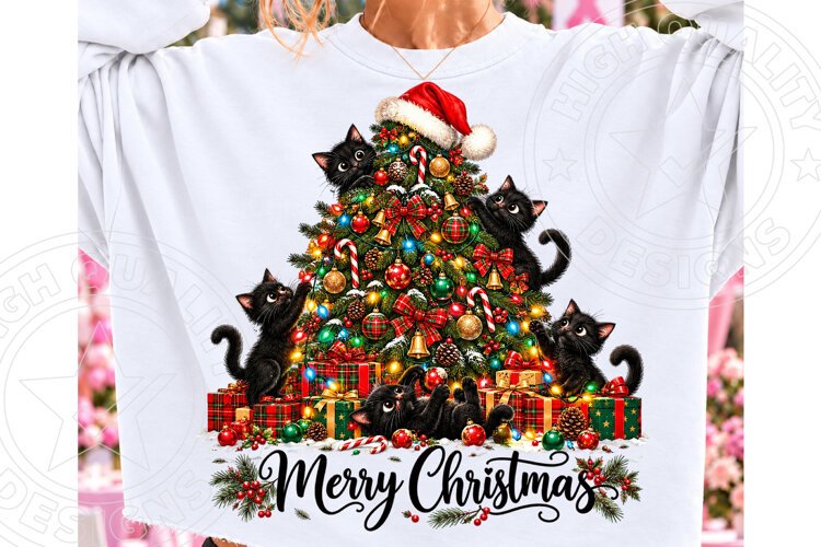 Black Cat Christmas Tree PNG, Cute Black Cats Decorating Chr example image 1