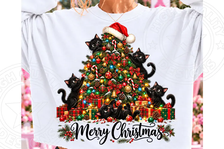 Black Cat Christmas Tree PNG, Cute Black Cats Decorating Chr