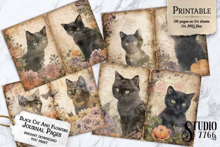 Black Cat Flowers Junk Journal Pages
